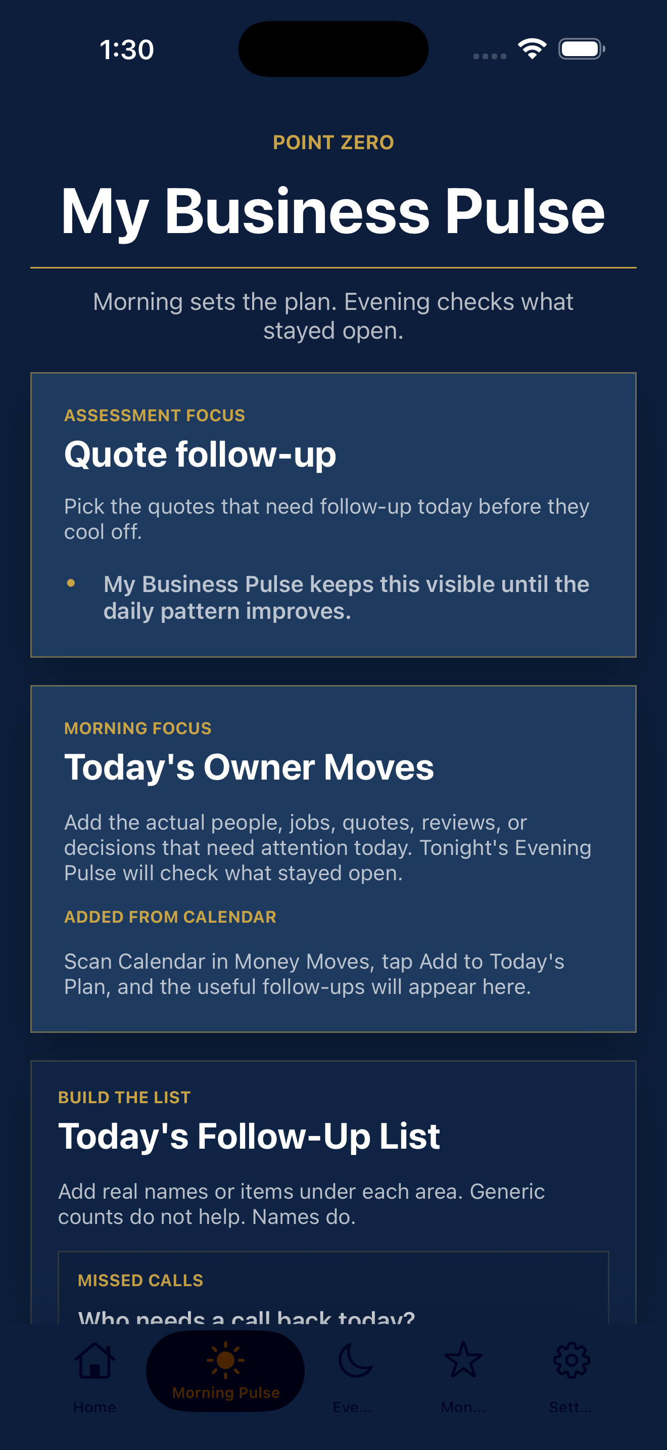 My Business Pulse Morning Pulse screen — plan today's calls, quotes, review asks, past-client touches, and owner decisions