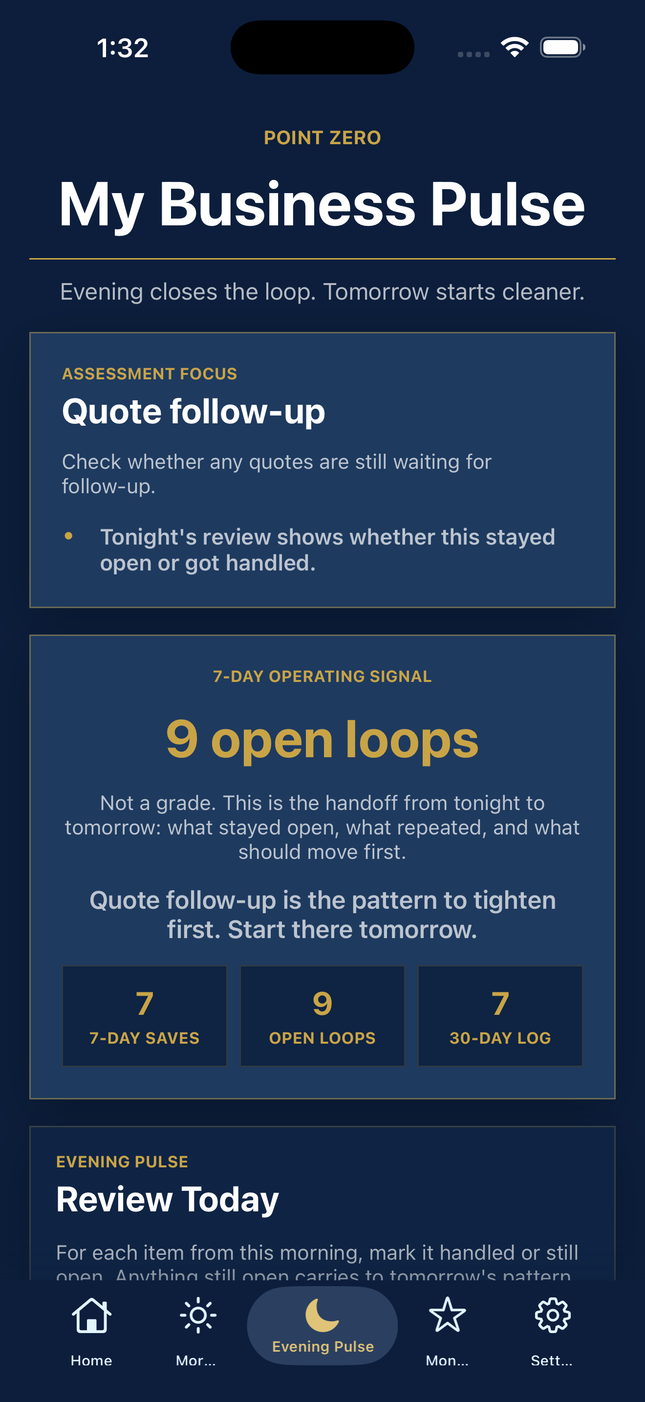 My Business Pulse Evening Pulse screen — mark each item Handled or Still Open and see the 7-day operating signal.