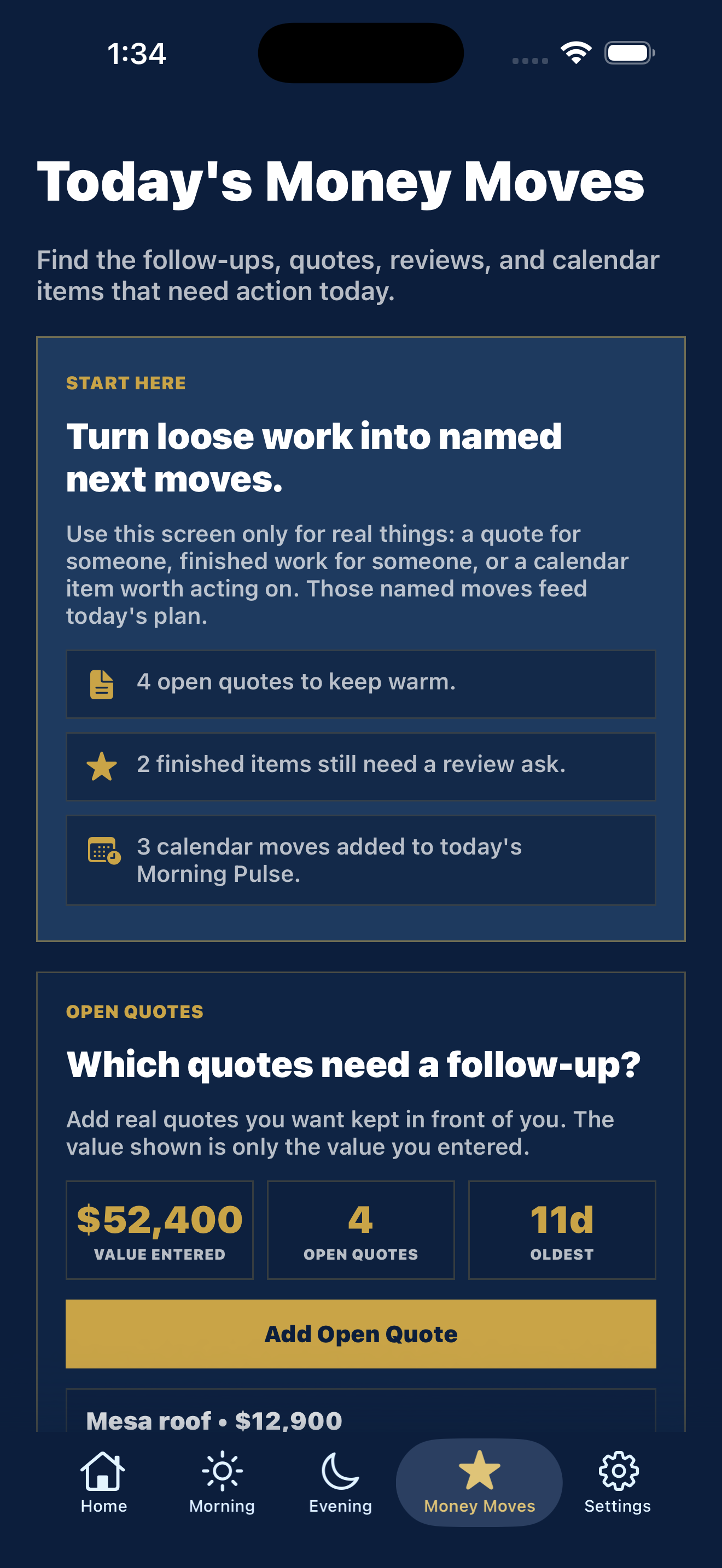 My Business Pulse Money Moves — Premium Quote Recovery, Review Asks, Calendar Pulse, Script Bank, and the Weekly Owner Brief.