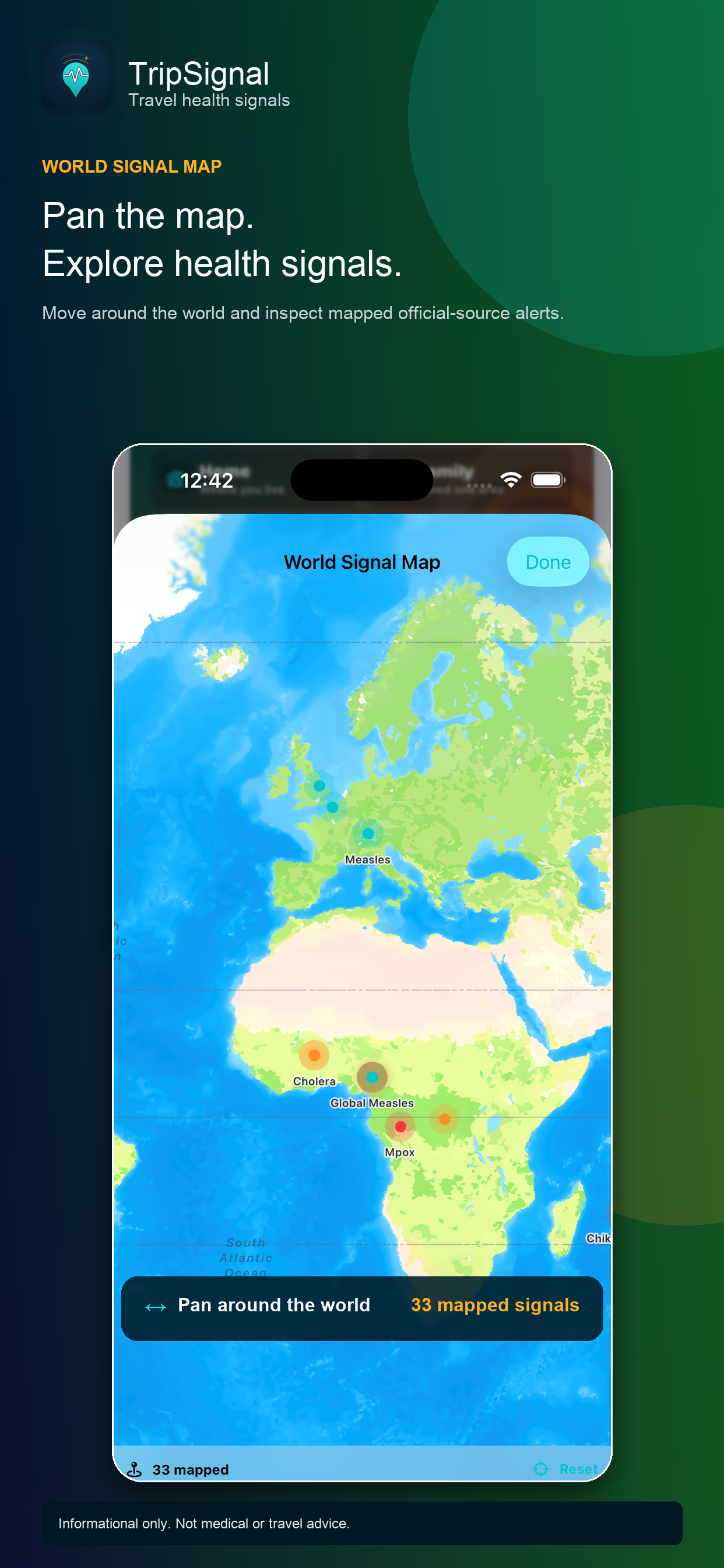 TripSignal World Signal Map showing 33 mapped official health signals across Europe and Africa, including Measles, Cholera, and Mpox