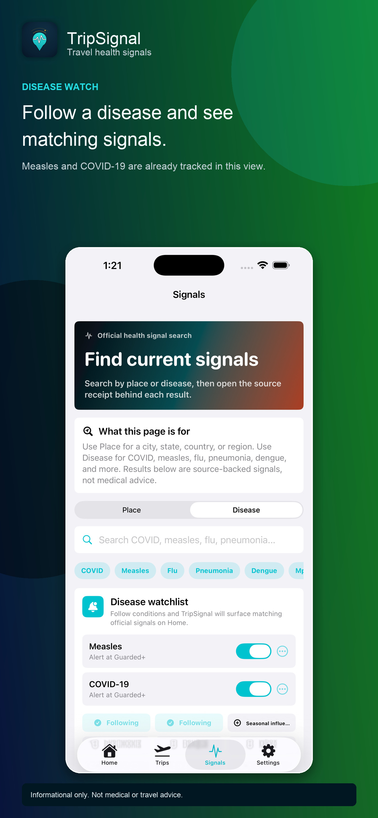 TripSignal Signals tab showing official health signal search with disease chips and a watchlist tracking Measles and COVID-19